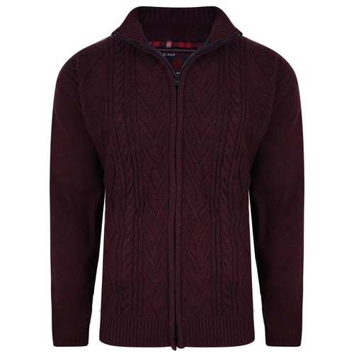 KAM Full Zip Check Lined Cardigan Burgundy